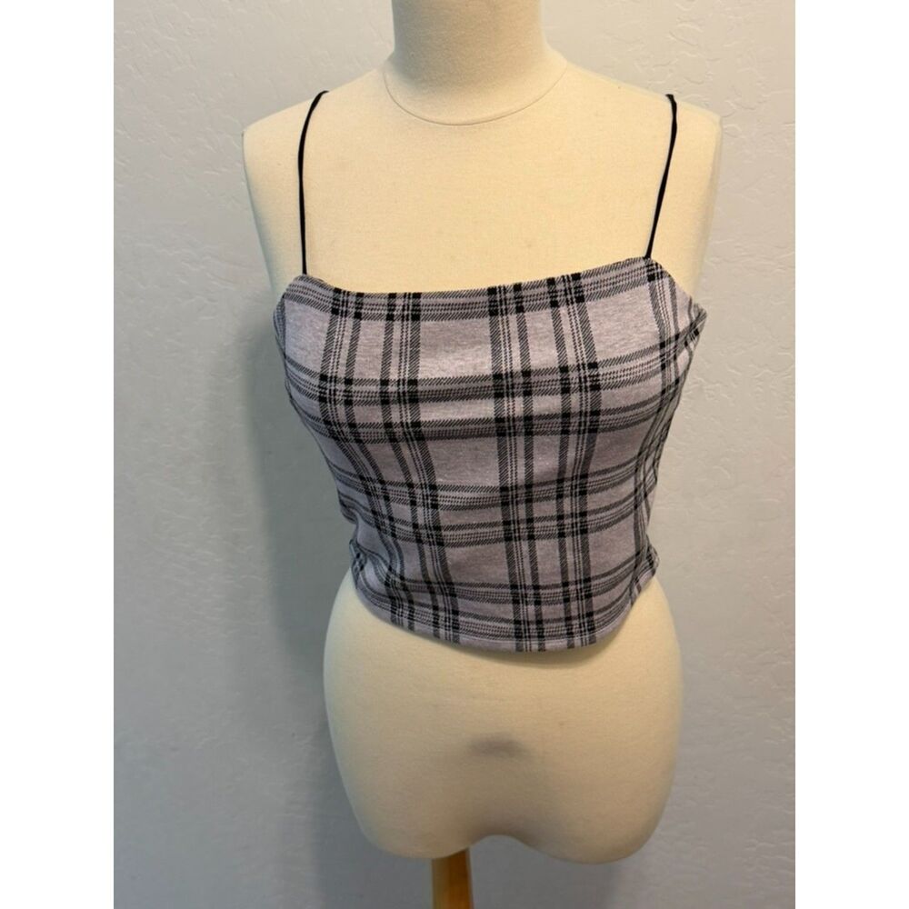 Women’s Plaid Crop Cami Top – Size Large – Gray/Black